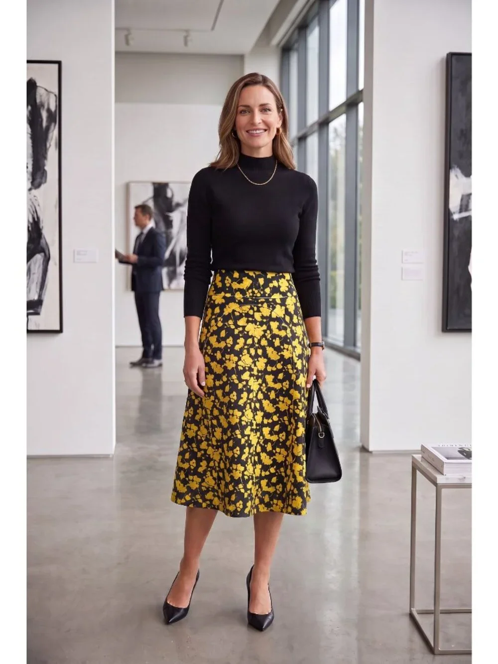 Derek Lam Women Size 0 Black Yellow Floral A-Line Midi Skirt Luxury Designer EUC